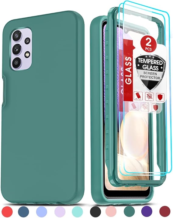 LeYi for Samsung A32 5G Case, Samsung Galaxy A32 5G Case with [2 x Tempered Glass Screen Protector], Full-Body Shockproof Soft Liquid Silicone Phone Case for Galaxy A32 5G, Midnight Green