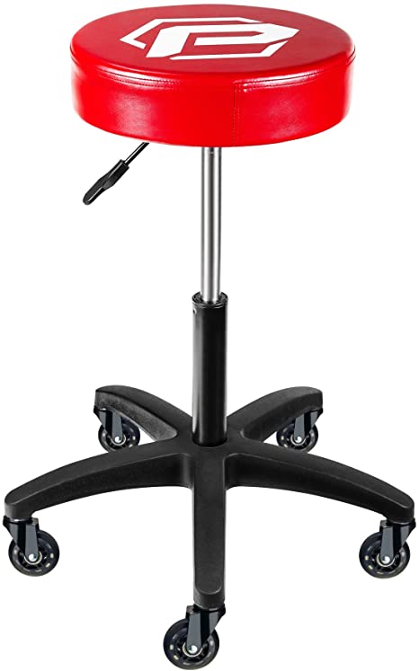 Powerbuilt Heavy Duty Pro Mechanics Pneumatic Height Adjustable Rolling Seat Stool Adjusts from 21 to 29 in. 300 Lb. Capacity, 13 in. x 3 in. Padded Seat, Easy-Roll Swivel Polyurethane Wheels - 240250