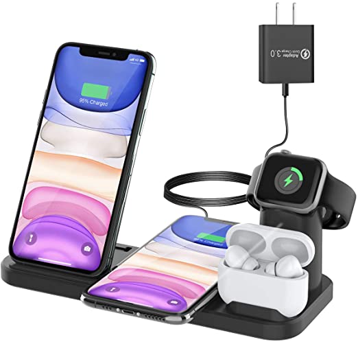 Wireless Charger [with QC 3.0 Adapter], Wonsidary 4 in 1 Fast Charging Station for Apple Watch 6/5/4/3/2 & Airpods Pro/2/1, iPhone 11/11 Pro Max/11 Pro/XS/XR/X/8/8 Plus (Wireless Charge 2 Phones)