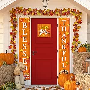 Blessed Thankful Hanging Banner Fall Harvest Welcome Banner Porch Sign Autumn Pumpkin Maple Leaf Backdrop Flag for Home Yard Indoor Outdoor Thanksgiving Party Decorations