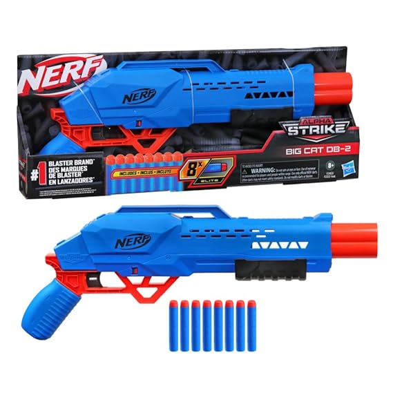 Nerf Alpha Strike Big Cat DB-2 Blaster,Double-Barrel Blasting, Fires 2 Darts in a Row,Includes 8 Official Nerf Elite Darts