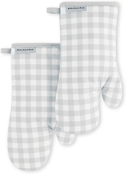 KitchenAid Gingham Oven Mitt 2-Pack Set, Matte Grey, 7"x13"