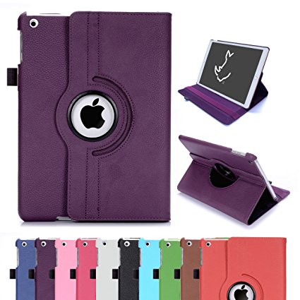 iPad Air Case, RC iPad Air 360 Rotating Smart Case PU Leather Cover Stand for Apple iPad 5 Air 1 Sleep/Wake (Purple)