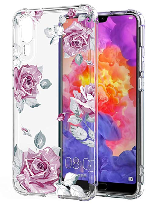 Floral Clear Huawei P20 Case for Women/Girls,GREATRULY Pretty Phone Case for Huawei P20,Flower Design Transparent Slim Soft TPU Shock Absorption Bumper Cushion Silicone Cover Shell,FL-M