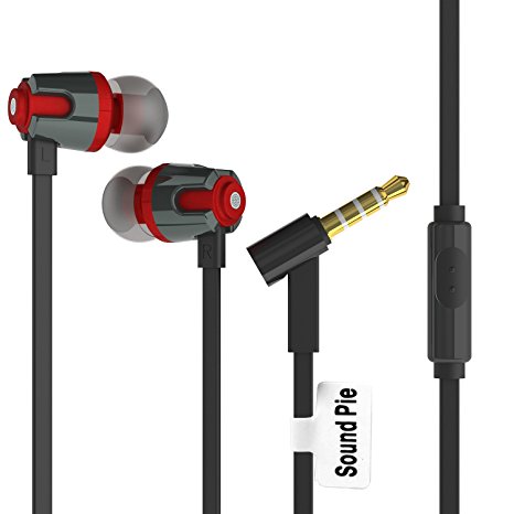 Soundpie Earbuds With Microphone for Apple Iphone Tangle Free Flat Cable Metal In-ear Stereo Bass Earphone with Microphone and Control for Samsung (Leather Cord Winder) (SP28 Black Cable/Black Metal)