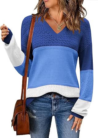 Zeagoo Womens 2024 Fall Sweaters Casual Long Sleeve Ribbed Knit Pullover V Neck Lightweight Crochet Pullover Sweater Top