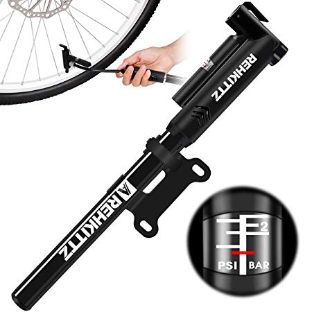 AMZOON Bike Pump Mini Bicycle Pump With Flexible Hose Pressure Gauge-Save Energy & Easy Pumping, Fits Presta & Schrader Valve, Free Accessories-Ball Pump Needle/Glueless Patch Kit/Frame Mount