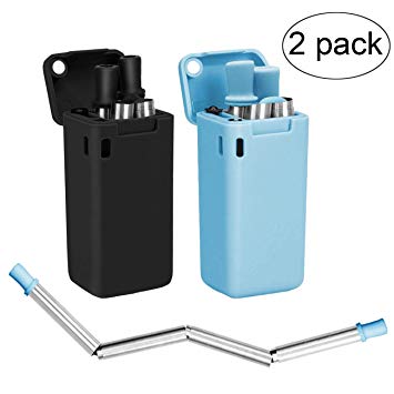 Senneny 2 Pack Collapsible Reusable Drinking Straws Stainless Steel Premium Food-Grade Folding Drinking Straws Keychain Portable Set with Hard Case Holder & Cleaning Brush (Black & Blue)