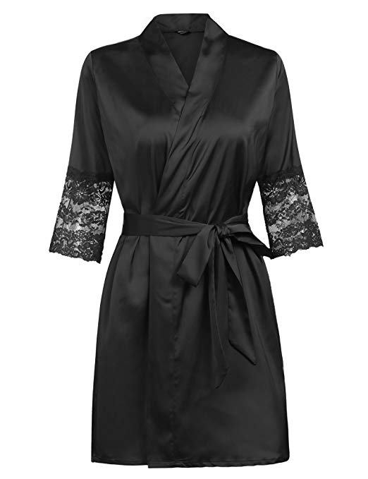 MAXMODA Women's Short Kimono Robe Lingerie Bridal Silky Lace Trim Satin Sleepwear 4 Color M-XXL