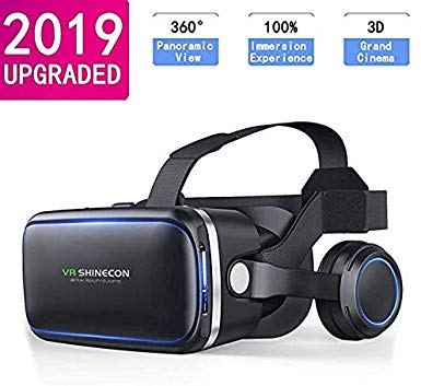 VR SHINECON Virtual Reality Headset for Cell Phone, Adjustable 3D VR Glasses with Headphone for Mobile Games and Movies, Compatible 4.7-6 inch iPhone or Android, Works with Google Cardboard, Black