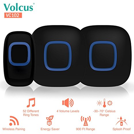 Volcus® VC102 Wireless Smart Doorbell: 1 Wireless Button Transmitter & 2 Wireless Plugin Receivers, 52 Selectable Music,4 Levels of Volume Range,Over 500 ft Range,Expendable Up to 50 Receivers (BLK)