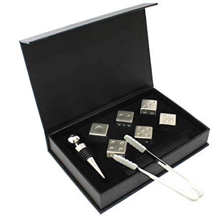 Whiskey stones Ice Cubes Dice Shape Set of 6 Reusable Ice Stones Stainless Steel Dices   Ice Tong   Stopper - Gift for Men - Whiskey Dice Stones - Beer Liquor Drinks Bevequor Drinks Beverage - Amerno