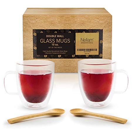 Insulated Glass Coffee Mugs - 2 Cups, 10oz Size - Clear Thermal Double Wall Tumbler Set with Handles and Bamboo Teaspoons - For Espresso, Tea, Latte, Cappuccino - BPA Free, Dishwasher & Microwave Safe