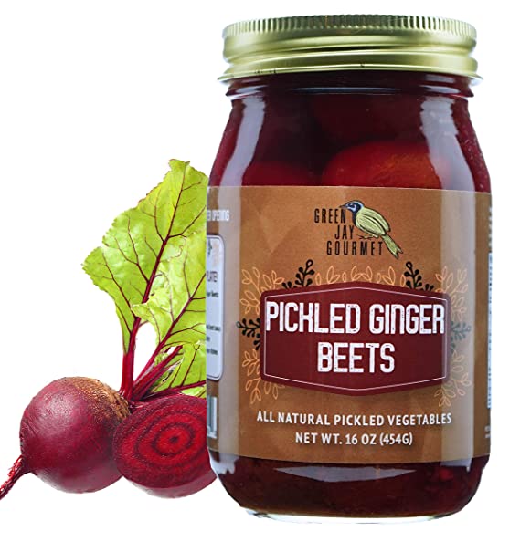 Green Jay Gourmet Fresh Classic Pickled Ginger Beets - Grandma’s Original Recipe - Sweet, Tangy, and Vinegary Brine - Simple Natural Ingredients - Freshly Made & Hand Jarred - 16 Ounce Jar