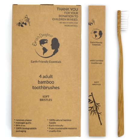 Earths Daughter Biodegradable Eco-Friendly Natural Bamboo Adult Toothbrushes With BPA-Free Soft Nylon Bristles - 4 Pack