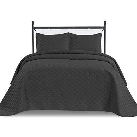 BASIC CHOICE 3-Piece Oversized Quilted Bedspread Coverlet Set - Black, King/California King