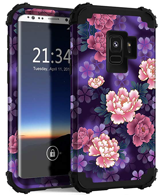 Samsung Galaxy S9 Case, Hocase Heavy Duty Shockproof Silicone Rubber Bumper Hard Shell Full-Body Protective Phone Case w/Cute Peony Floral Print for Samsung Galaxy S9 2018 - Violet Flowers