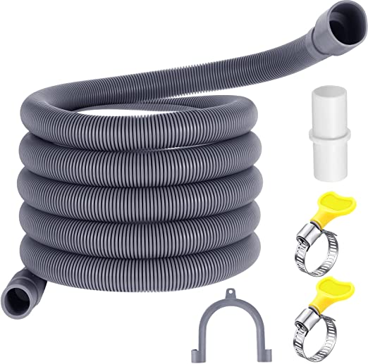 Universal Washing Machine Drain Hose Flexible Dishwasher Drain Hose Extension Kits Corrugated Washer Discharge Hose with 1 Extension Adapter and 2 Hose Clamps, U-Bend Hose Holder (16 ft)