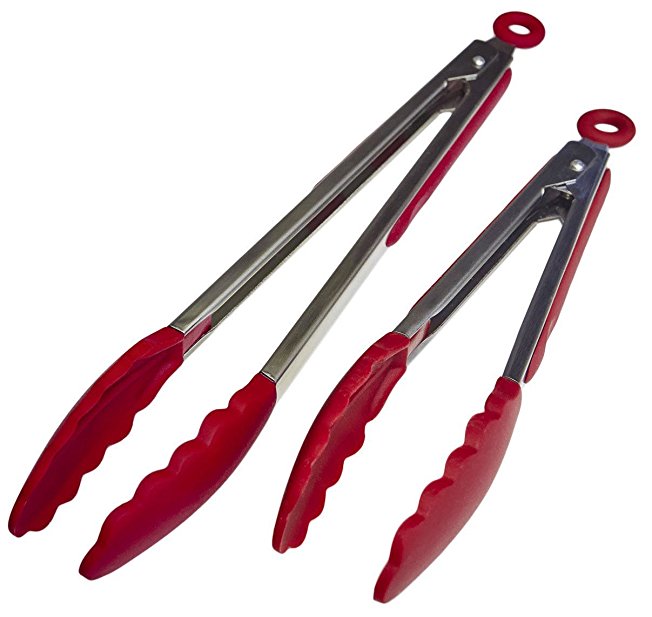 Premium Silicone Kitchen BBQ Tongs with Silicone Tips 2 Pack (9-Inch & 12-Inch),Stainless Steel Barbecue Tongs (Red)
