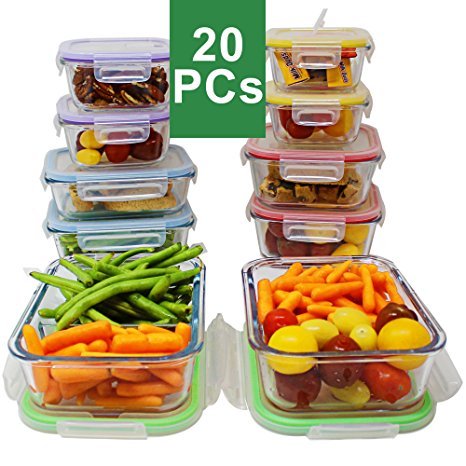 Jalousie 20 Pieces Borosilicate Glass Food Storage Meal Saver Containers with vented Locking Lids - BPA Free Airtight Oven Freezer Dishwasher and Microwave Safe Airtight Reusable Food Container Set