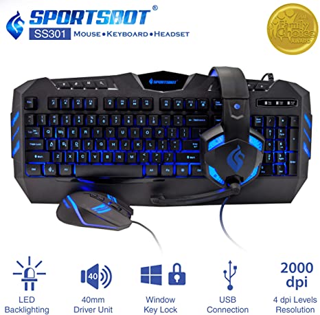 SportsBot SS301 Blue LED Gaming Over-Ear Headset Headphone, Keyboard & Mouse Combo Set w/ 40mm Speaker Driver, Microphone, Multimedia Keys & Window Key Lock, 4 DPI Levels (BLU)