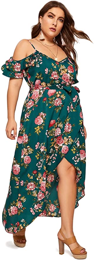 Milumia Women Plus Size High Waist Boho Floral Cold Shoulder Split Maxi Dress