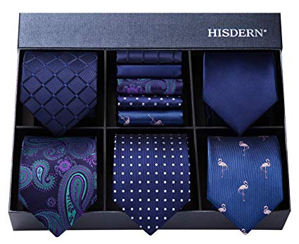 HISDERN Lot 5 PCS Classic Formal Elegant Men's Silk Tie Set Necktie & Pocket Square - Multiple Sets