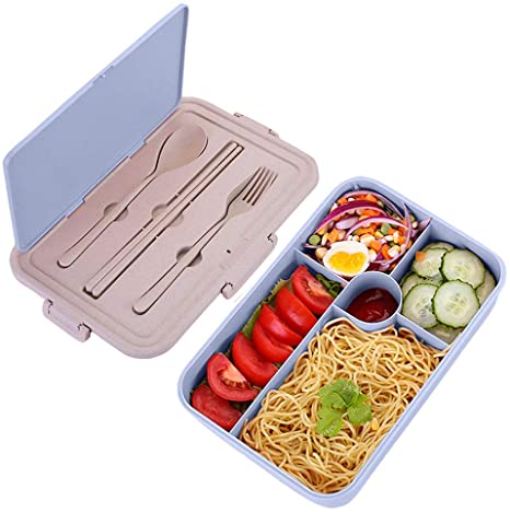 Bento Box for Kids Lunch Containers with 5 Compartments for Adults BPA-Free Lunch Box Food Containers (Spoon&Fork&Chopsticks included, Blue)