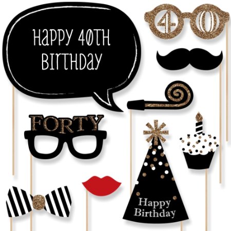 Adult 40th Birthday - Gold - Photo Booth Props Kit - 20 Count