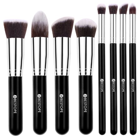 Updated Version BESTOPE Makeup Brushes Premium Cosmetics Brush Set Synthetic Kabuki Makeup Brush Foundation Blending Blush Eyeliner Face Powder Brush Kit8PCs Black Sliver