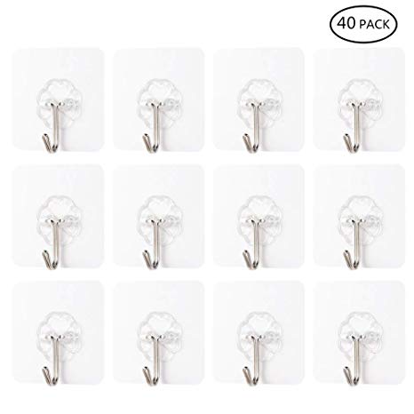 FANTESI 40 Packs Clear Adhesive Hooks, 15 kg (Max) Transparent Reusable Seamless Hooks Sticky Hangers with Stainless Hooks Utility Towel Bath Ceiling Hooks