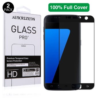 [Full Cover] Samsung Galaxy S7 screen protector ,AUSCREZICON [2-PACK] 0.26mm 9H Tempered Glass ,High Definition, Full 100% Coverage for Samsung Galaxy S7 [NOT S7 Edge] (Lifetime Warranty) (Black)