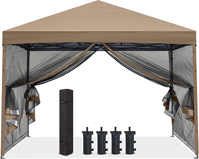 OUTDOOR WIND Pop Up Easy Setup 10x10FT Outdoor Canopy Tent with Netting Walls,4 Weight Bags,Wheeled Bag(10x10 Khaki)