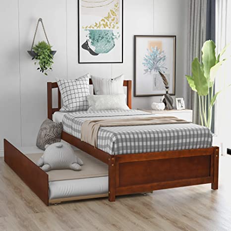 Harper&Bright Designs Twin Bed Frame with Trundle, Wood Platform Bed with Two Drawers and Headboard, Walnut