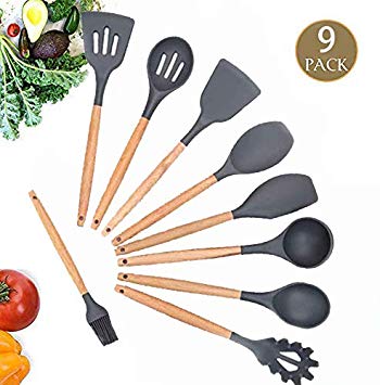Thanksgiving Gift Silicone Kitchen Utensil Set 9 PACK with Natural Wooden Handle BPA Free Non-Toxic Silicone, Non Toxic Turner Tongs Spatula Spoon Set,Cooking Gadget Spatula Set,Non-Stick Cookware
