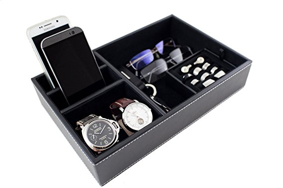 Caddy Bay Collection Black Desktop Dresser Valet Tray Case Holds Watches, Rings, Jewelry, Keys, Cell Phones