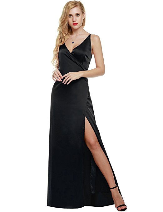 ANGVNS Women's Spaghetti Straps Crossover V Neck Split Side Evening Dress Maxi Evening Gown