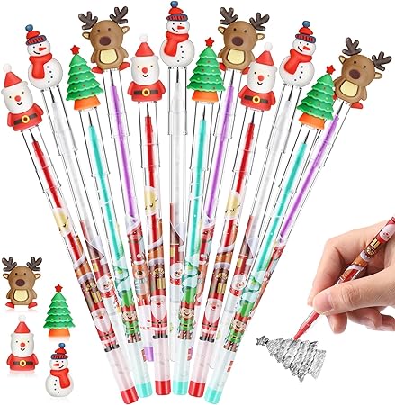 Zonon Christmas Pencils Christmas Multi Point Stackable Push Pencil with Christmas Santa Claus, Christmas Tree, Snowman, Elk for Kids Classroom Rewards, Christmas Favors Prize Stuffers (12 Pieces)