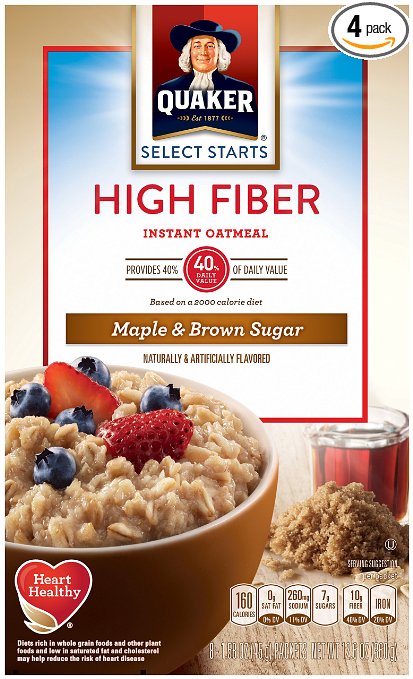 Quaker Instant Oatmeal, High Fiber, Select Starts, Maple Brown Sugar, Breakfast Cereal, 8 Packets Per Box (Pack of 4)