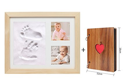 Cinoton BABY HAND & FOOTPRINT PICTURE FRAME KIT with Photo Album,Perfect Wooden Keepsakes Decorations for Room Wall or Table Decor,Amazing Baby Shower Gift (Natural wood)