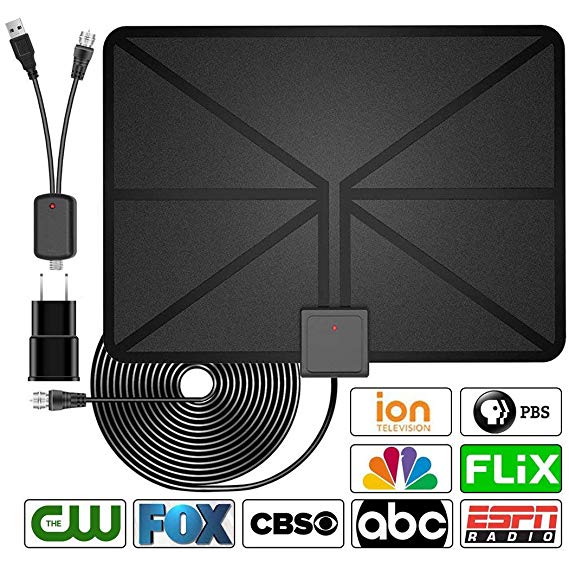 [2019 Latest] HDTV Antenna Indoor Digital TV Antenna, 60 Miles Range with Amplified Signal Booster Support 4K 1080P Freeview Channels - 13.2Ft Coaxial Cable and Power Adapter