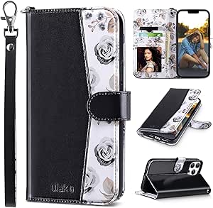 ULAK Compatible with iPhone 13 Pro Wallet Case for Women, Premium PU Leather Flip Cover with Card Holders, Kickstand Feature Folio Purse Case for iPhone 13 Pro 6.1 Inch, Black Floral