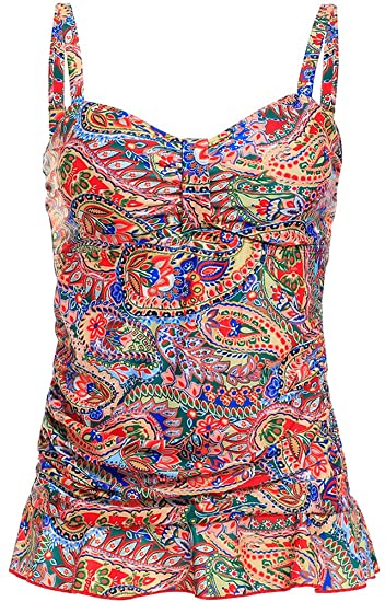 Women's 50's Retro Ruched Tankini Swimsuit Top with Ruffle Hem Tummy Control