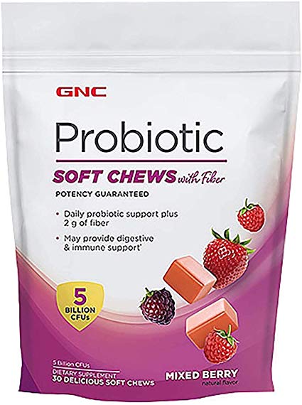 GNC Probiotic Soft Chews with Fiber, Mixed Berry, 30 Chews, Supports Digestive and Immune Health