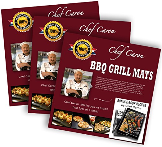 Bundle of 3 Sets - BBQ Grill Mat by Chef Caron - Each Set with Two Heavy-Duty Grilling Sheets - Nonstick, Ultraslick, Extra Thick .25mm