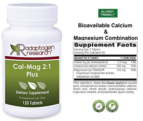 Cal - Mag 2:1 Plus | Bioavailable Highly Absorbable Calcium Citrate & Magnesium Bisglycinate Chelate from Albion® Laboratories in a 2-to-1 Ratio | Bone Support | 120 Tablets | Adaptogen Research