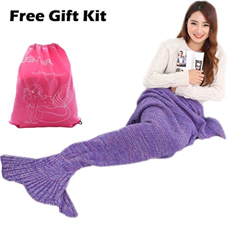 Lightbird Mermaid Tail Blanket Pattern with Gift Bag Soft Warm Crochet XL Large for Adults and Kids (71Lx35.5W Inch, Purple)