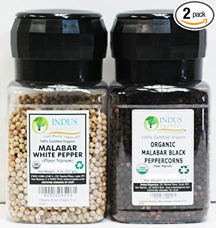 Indus Organics Malabar Black & White Peppercorns, 8 Oz Grinder Set, Premium Grade, High Purity, Freshly Packed