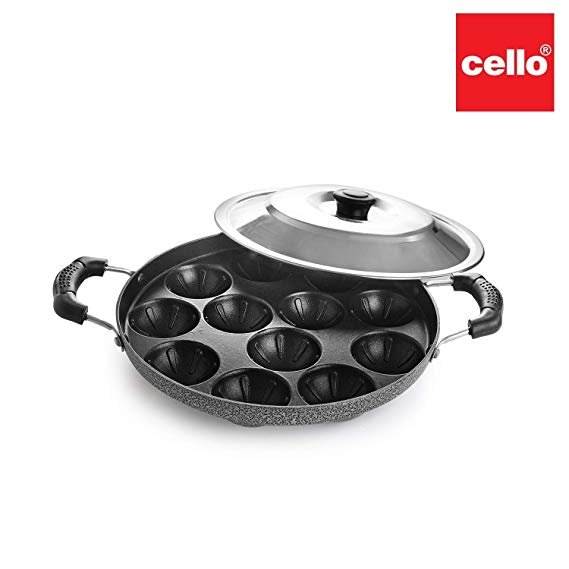 Cello Non-Stick 12 Cavity Grill Appam Patra with Stainless Steel Lid
