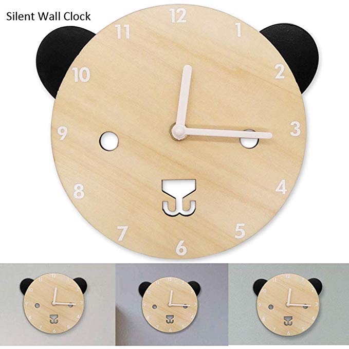 Silent Non Ticking Wall Colck Decorative Bear Shaped Wooden Clocks Cute Battery Operated Clock for Baby Kids Boys Girls Bedroom Décor Nursery School Decorations Children Xmas Birthday Gifts